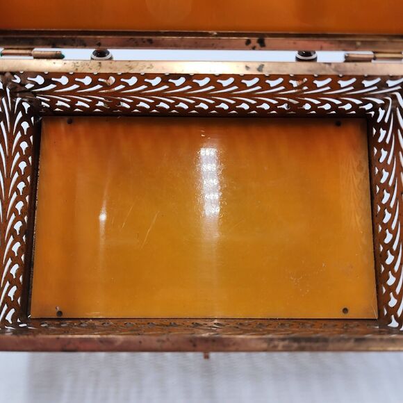Vintage 1950's Tortoiseshell Amber Color Lucite Brass Filigree Box Purse Beaded - Picture 8 of 13